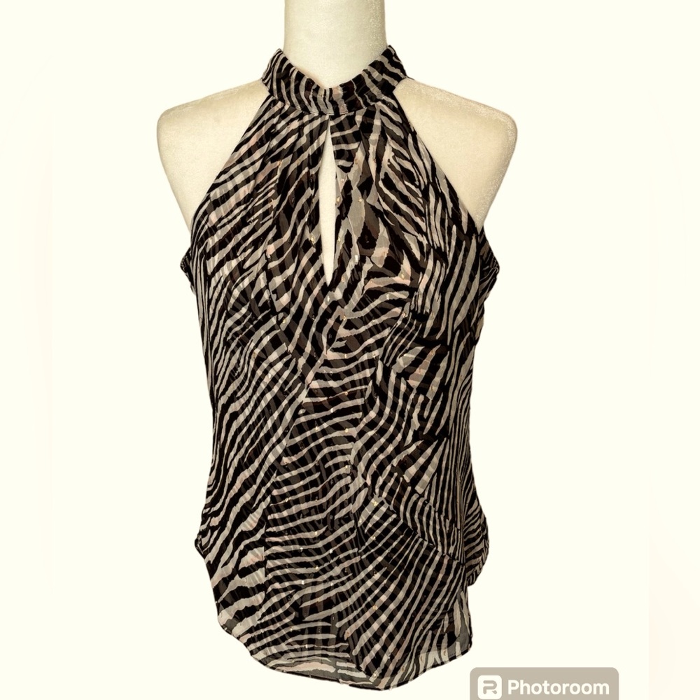 WHITE HOUSE BLACK MARKET Black Print Halter Top With Tie Neck Size 0